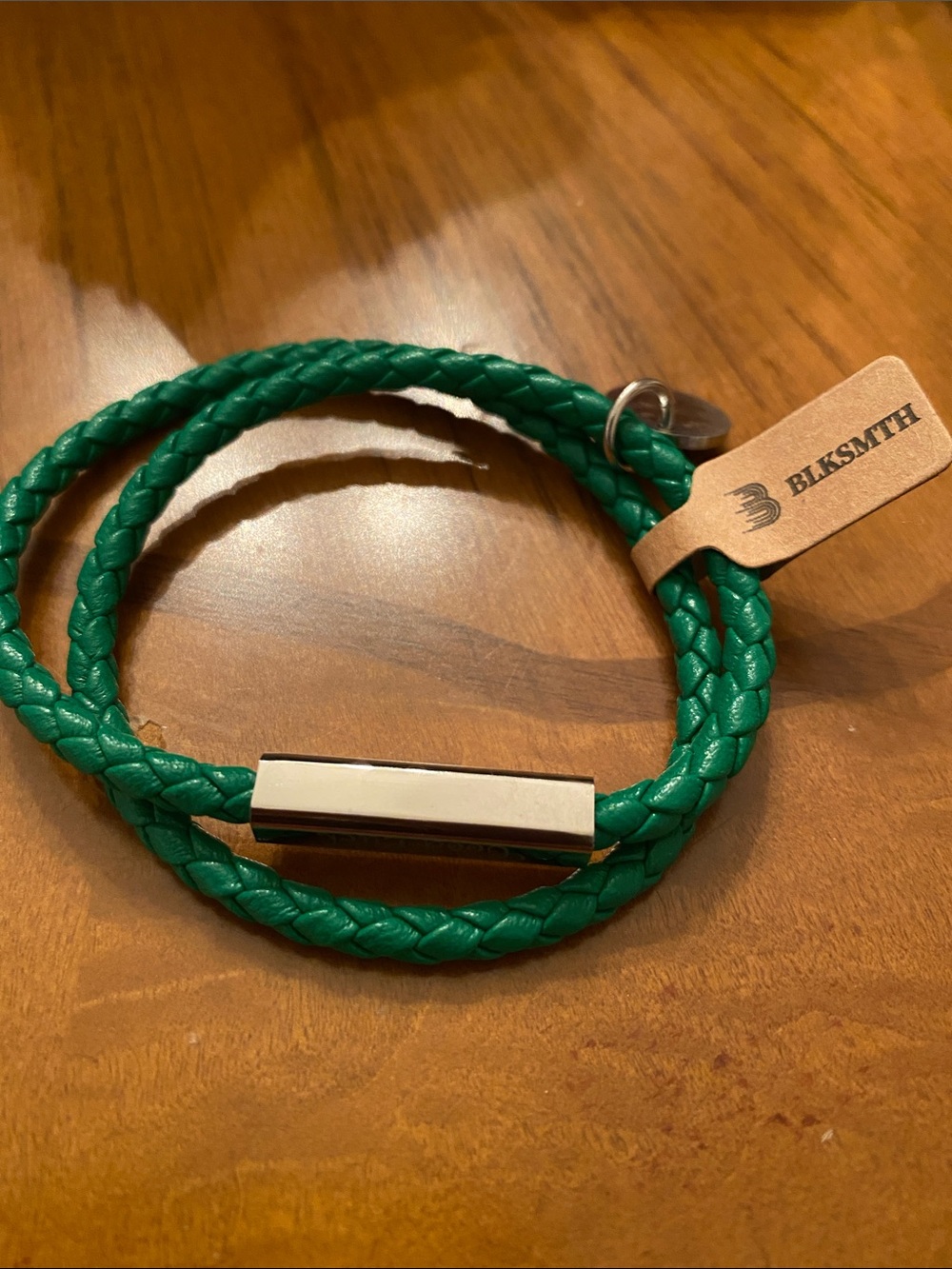 Green Braided Double-Wrap Bracelet with Silver Bar